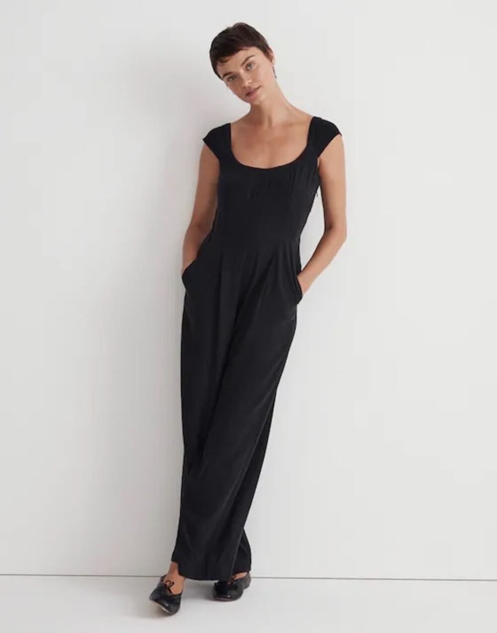 Madewell Black Cap Sleeve Wide Leg Jumpsuit Size 14 Minimalist Smocked
